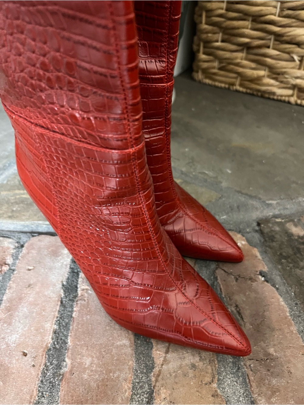 Red Sam Edelman LEATHER Snakeskin Knee-High Block Heel Boots - Picture 3 of 7